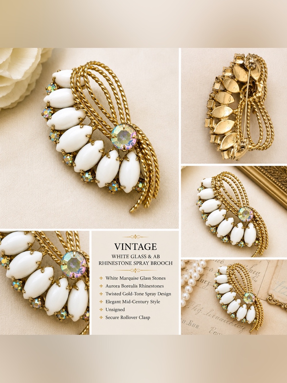 Vintage White Glass & Aurora Borealis Rhinestone Gold-Tone Brooch